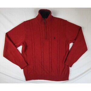Us Polo Assn Men’s Medium Red Cable Knit Sweater Large 1/4 Zip Fleece